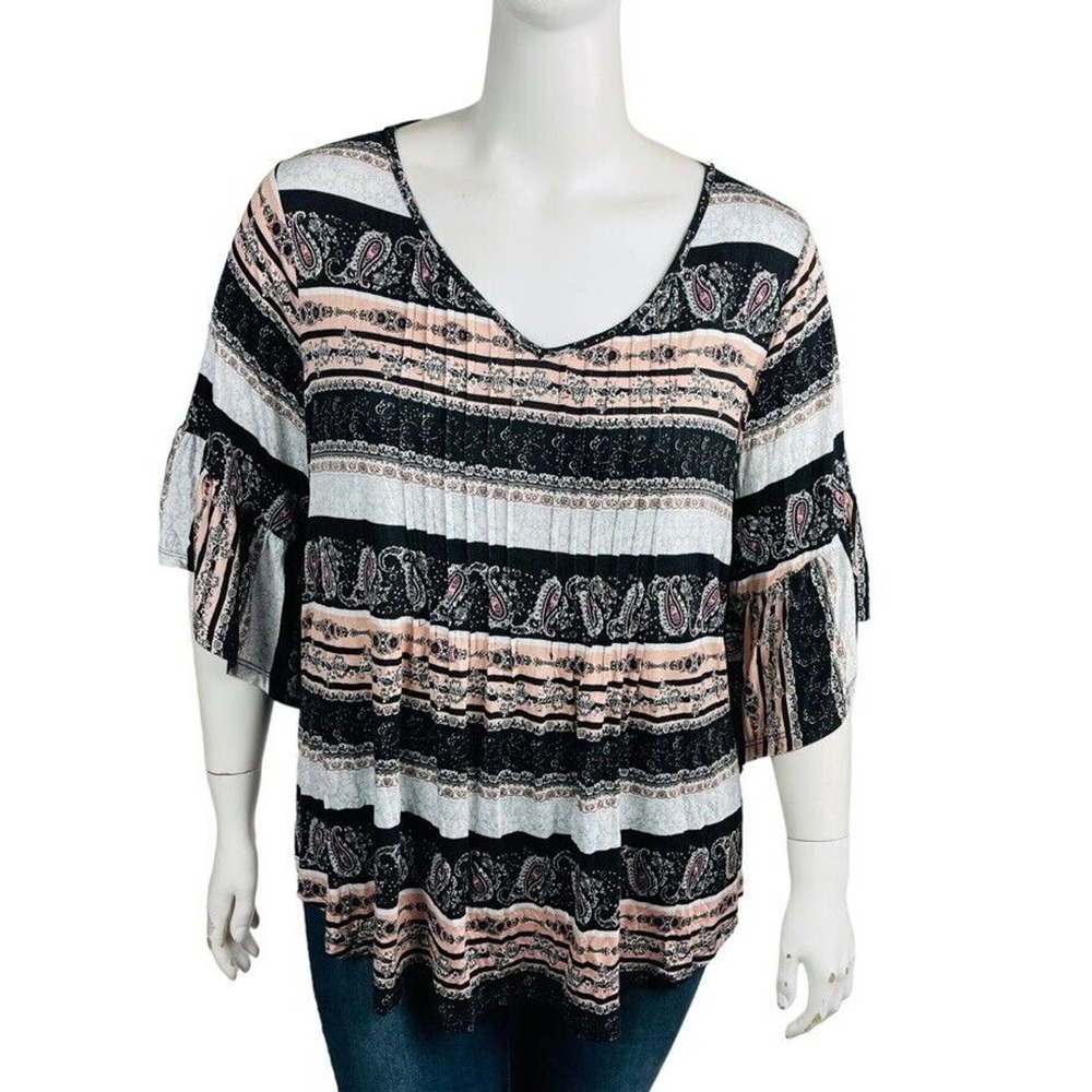 New‎ Unity World Wear Womans Sz 2X Blouse 3/4 Sleeve Pleated Black NWT